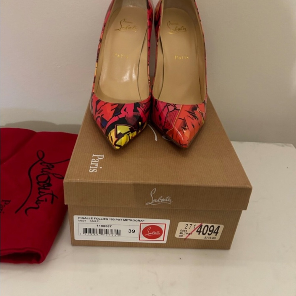 Christian Louboutin Pigalle Follies 100 Pat Metrograf Multicolor Graphic Heels